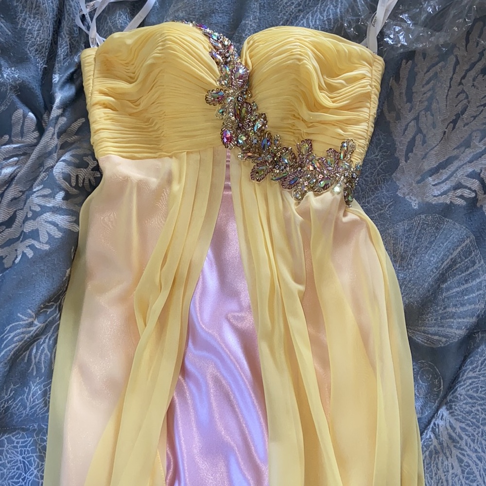 Tony Bowls yellow and pink prom dress